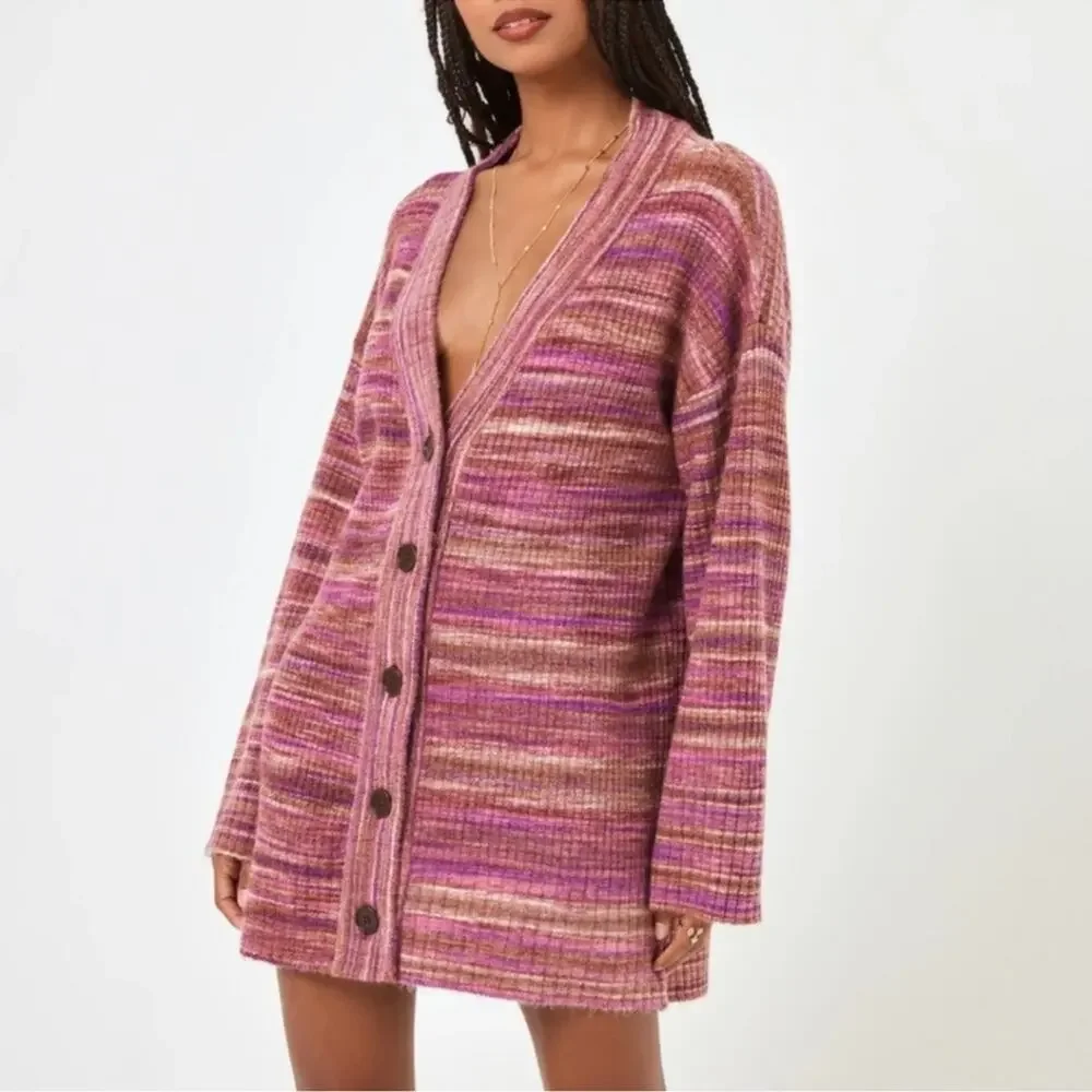 L Space Striped Long Cardigan Pink Purple Open Knit Lounge Sweater